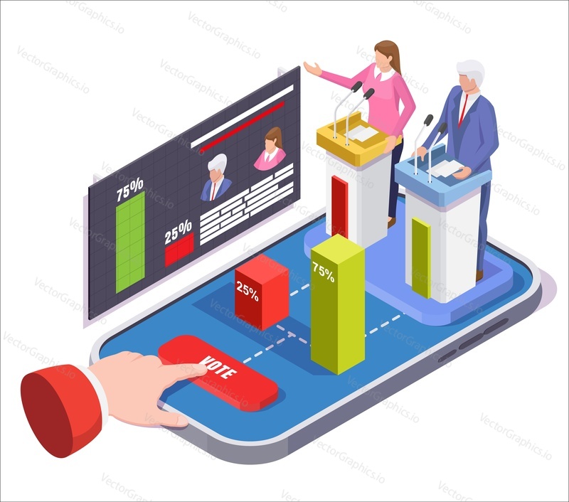 Presidential election online voting technology. Vote on mobile phone concept vector illustration in isometric style. Political debate and democracy.