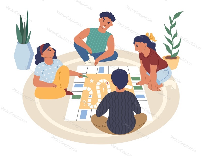 Friends, kids, teens playing board game sitting on the floor, flat vector illustration. Happy people enjoying spending time together and playing tabletop game. Home leisure activities.