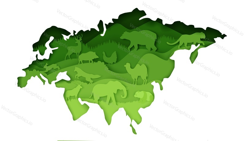 Wildlife of Eurasia, vector illustration. Paper cut craft style mainland Eurasia map with nature, bear, deer, tiger, boar, hare, elephant, panda, camel wild animals. Europe and Asia world continents.