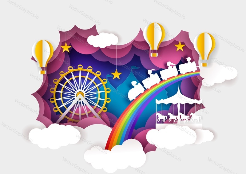 Paper cut ferris wheel, carousel, kids train, hot air balloons. Vector illustration in paper art style. Amusement park attractions, entertainment, carnival funfair.
