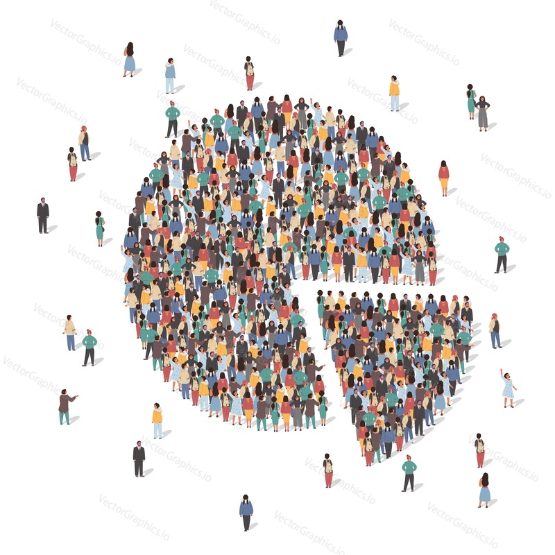Large group of people forming pie chart standing together, flat vector illustration. People crowd gathering. Statistics, population demographics.