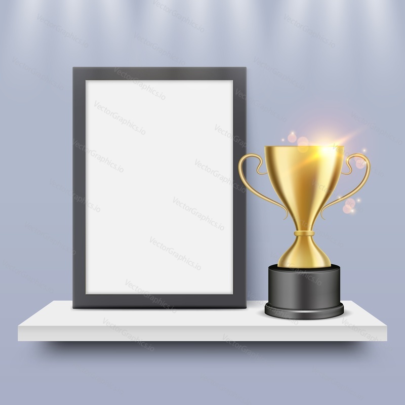 Winner blank frame and gold trophy cup on shelf, vector illustration. Certificate, diploma frame with golden goblet sport award realistic templates.