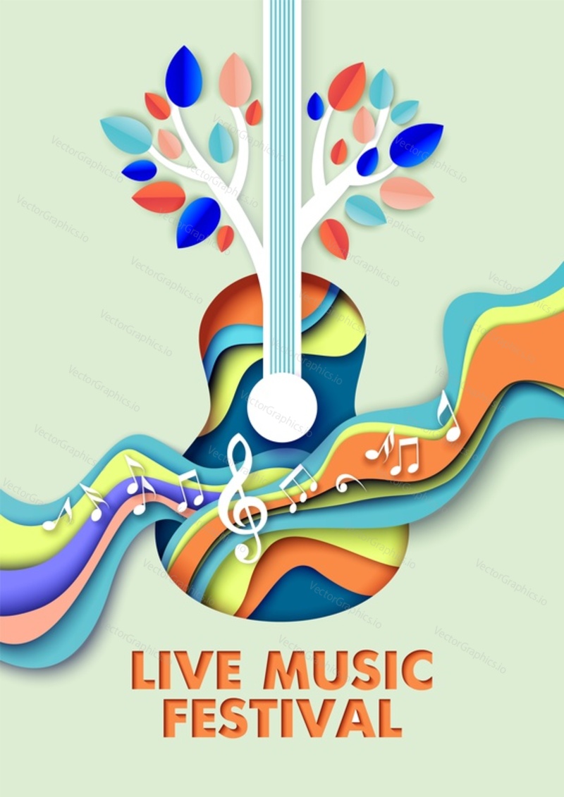 Live music festival vector poster, banner template. Paper cut craft style acoustic guitar, music notes, tree branches. Creative music composition for guitar live concert event.