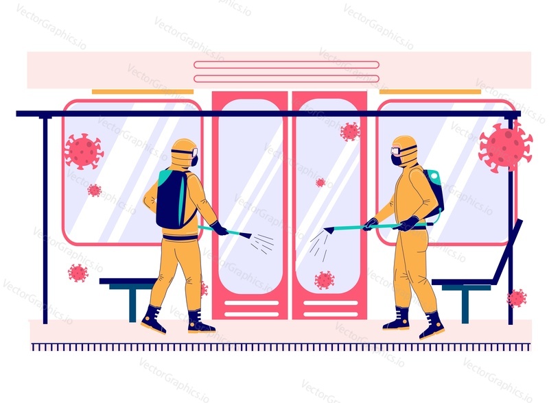 Пандемия коронавируса. Люди в защитных костюмах полной химической защиты дезинфицируют поезд метро, плоская векторная иллюстрация. Обеззараживание общественного транспорта. Услуги по очистке от коронавируса, дезинфекции