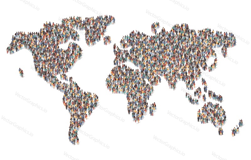 Large group of people forming world map standing together, flat vector illustration. People crowd gathering. Population demographics, globalization, earth community.