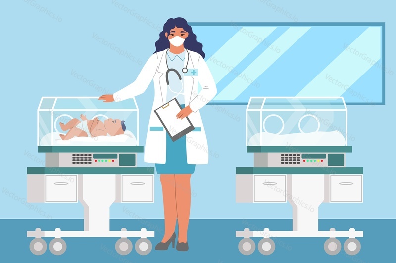Neonatal resuscitation. Female doctor standing next to newborn baby in incubator, flat vector illustration. Newborn resuscitation.