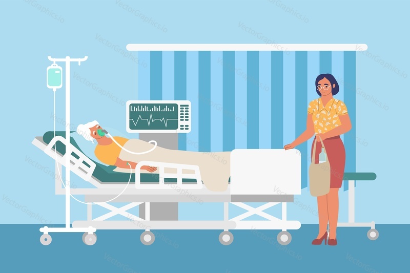 Resuscitation medical ward interior with drip, ventilator, sad woman and patient in hospital bed, flat vector illustration. ICU, sick elderly woman in oxygen mask getting IV therapy, lung ventilation.