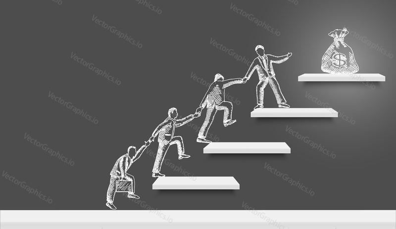 Business people team silhouettes climbing up stairs helping each other to money bag on the top, vector illustration. Teamwork, leadership, business goal, path to financial success.