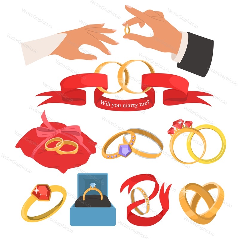 Wedding jewelery set, flat vector isolated illustration. Wedding rings, diamond engagement rings, groom putting ring on bride finger.