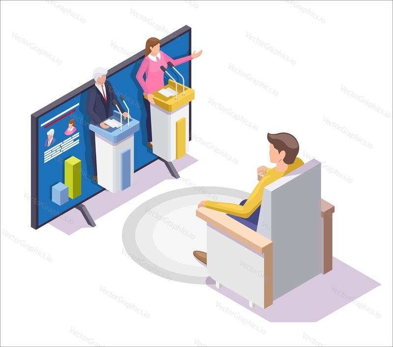 Man watching tv show with presidential election candidate debate. Political debate and democracy concept vector illustration in isometric style. Politician speech.