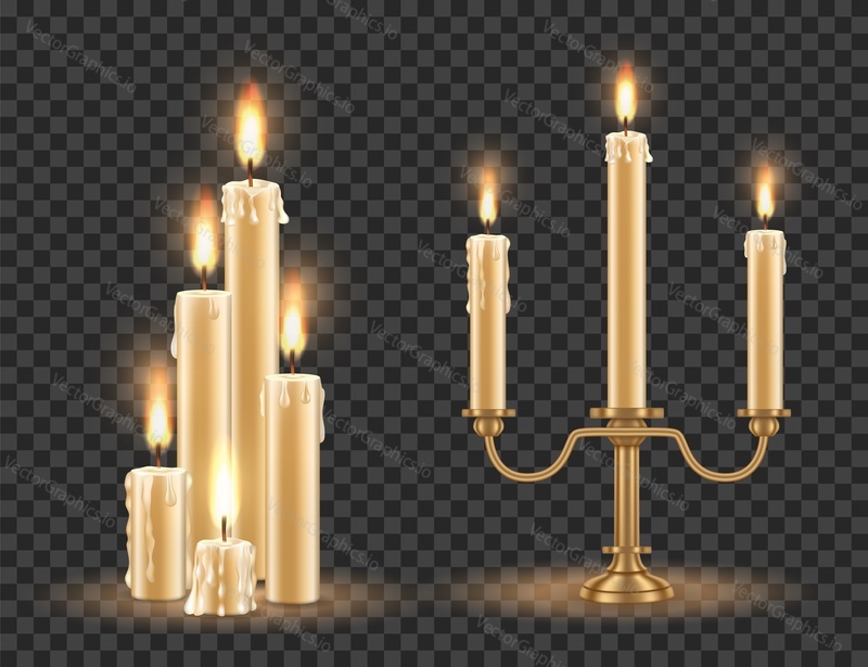 Candlestick and burning candles set, vector illustration isolated on transparent background. Realistic copper candle holder and wax candles.