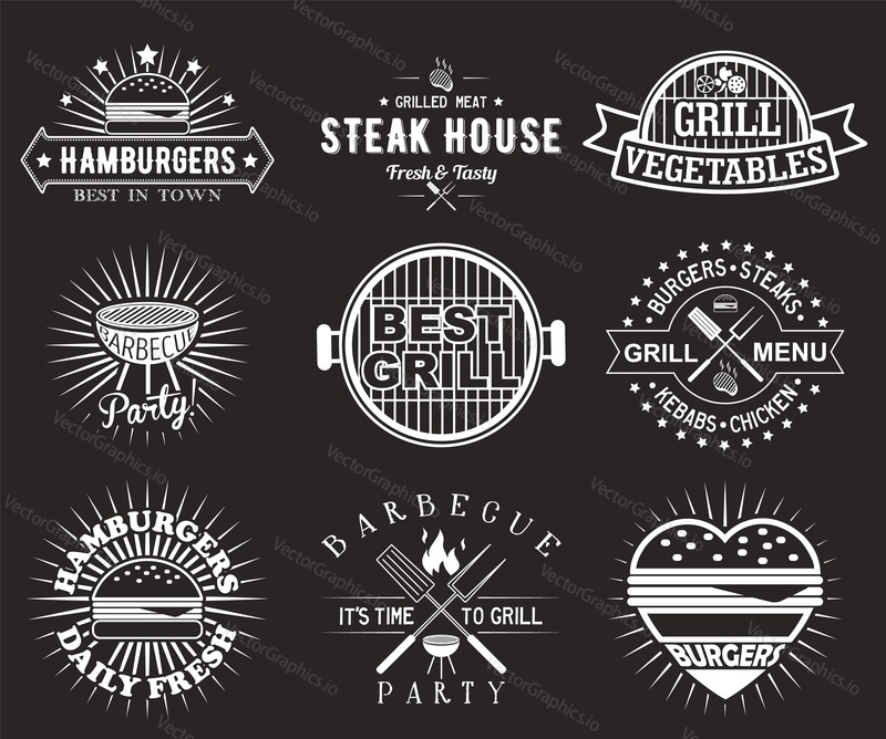 White bbq grill logo, label, badge, emblem set, vector illustration. Barbecue party, steak house vintage logos. Fresh and tasty hamburgers, steaks, kebabs, chicken. Grilled meat and vegetables.