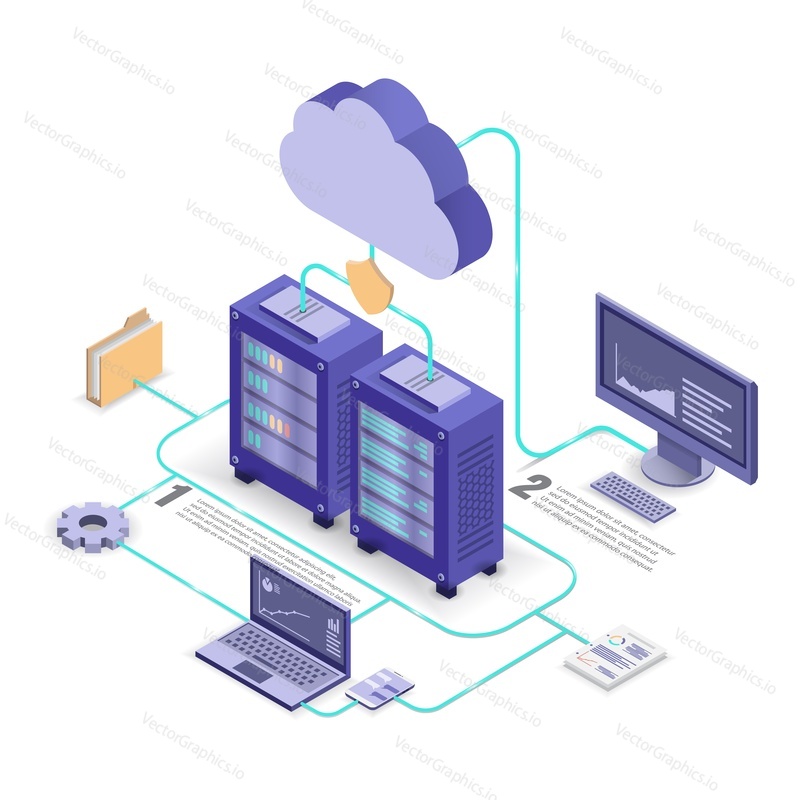 Cloud service technology flowchart, isometric vector illustration. Data center with server racks, cloud, file folder, document connected with laptop, desktop computer and mobile phone.