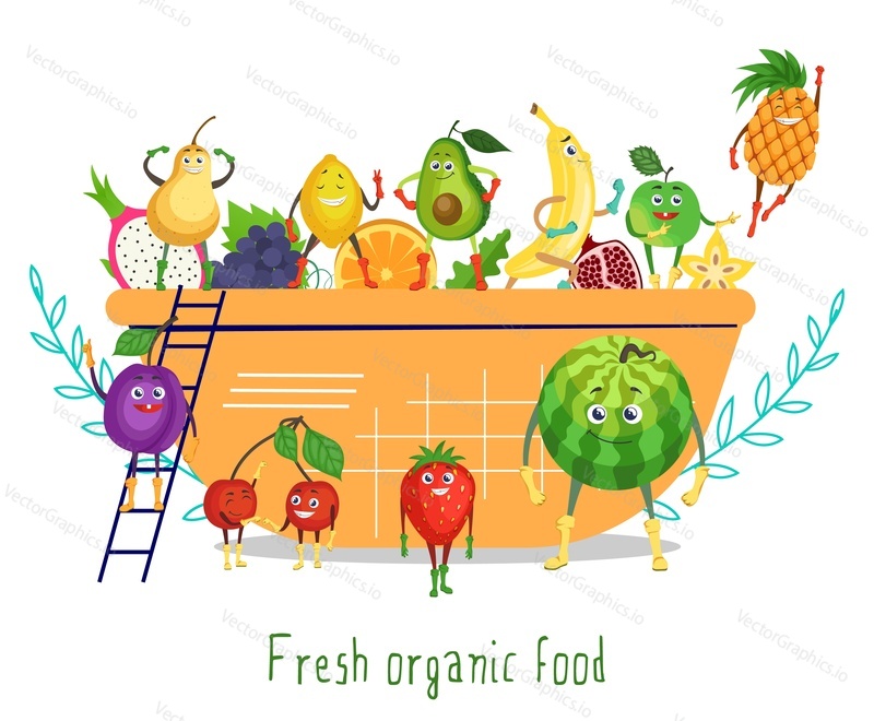 Cute funny fruit characters in salad bowl, flat vector illustration. Happy cartoon cherry, watermelon, plum, banana, apple, lemon, pear, strawberry, avocado, pineapple with faces. Fresh organic food.