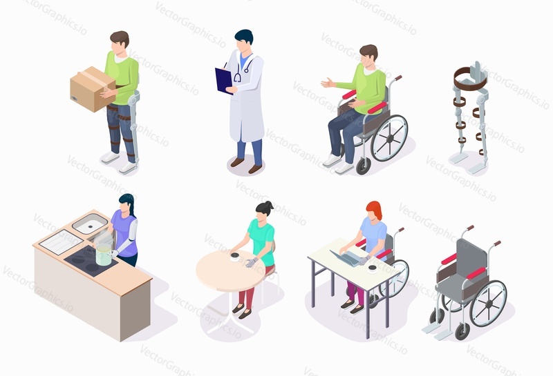 People with disabilities in wheelchair, wearing prosthetic leg, arm, flat vector illustration. Isometric male female characters cooking, working, drinking coffee in cafe. Disabled with artificial limb