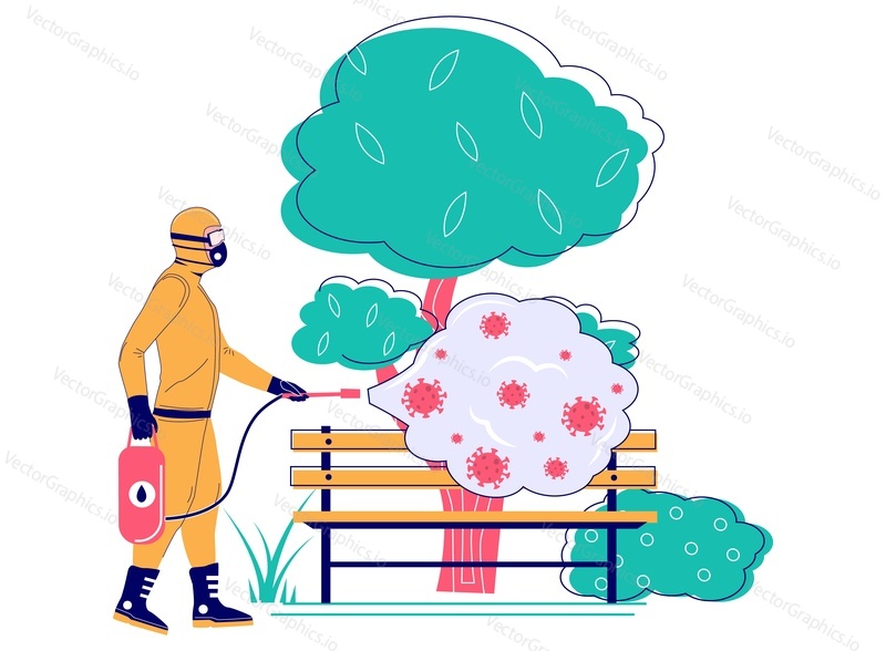 Coronavirus pandemic. Man in protective hazmat suit disinfecting city park bench surface, flat vector illustration. Decontamination of public surfaces. Coronavirus cleaning and disinfection services.