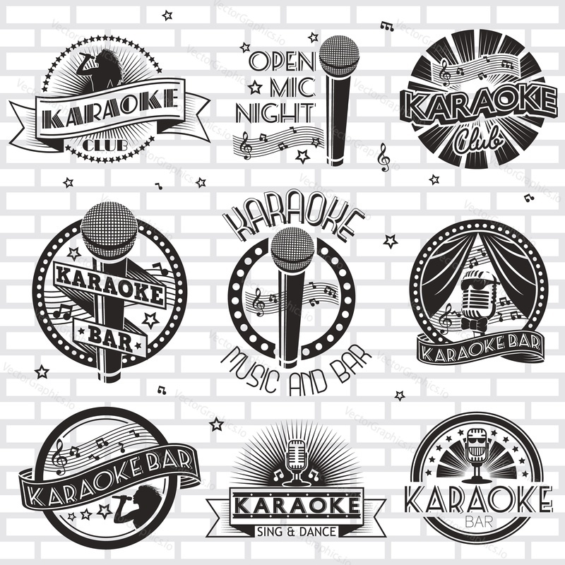 Karaoke label, emblem, badge set, vector monochrome illustration. Open mic night show, karaoke club, bar logo collection.