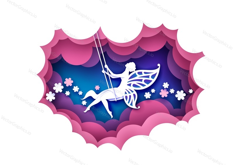 Paper cut cute magic fairy swinging on swing. Vector illustration in paper art style. Fairytale magical creature with butterfly wings silhouette.