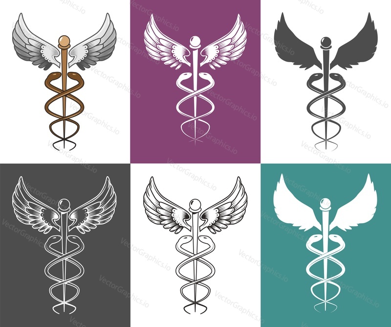 Caduceus medical and health symbol set, vector isolated illustration. Two snakes winding around winged staff instead of the rod of Asclepius. Symbol of Hermes, Greek mythology.