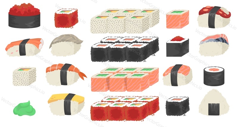 Sushi, sashimi and rolls set, flat vector isolated illustration. Different types of traditional japanese food made of rice, salmon, tuna slices. Sushi bar, asian cuisine restaurant menu.