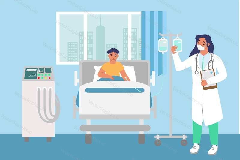 Children hospital room. Female nurse standing next to drip, sick boy lying in bed and receiving IV therapy, flat vector illustration. Pediatric hospital. Kids health.