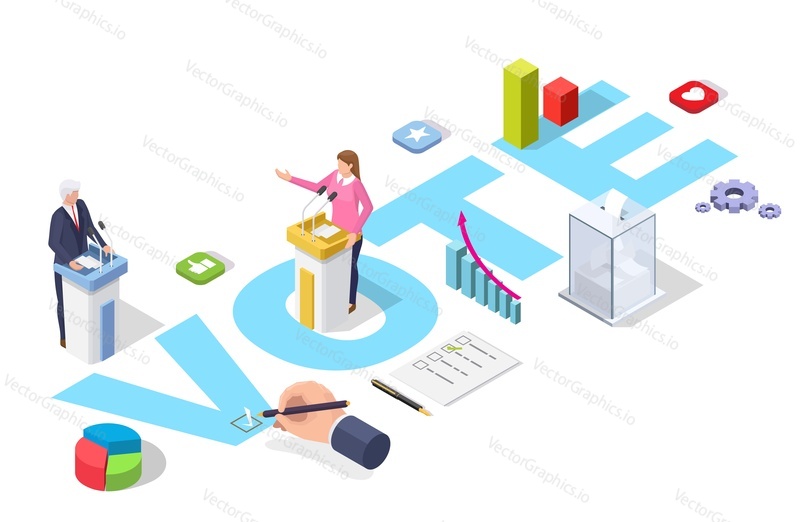 Presidential election debates and vote infographuc. Man and woman politician candidates vector illustration in isometric style. Democracy election concept.