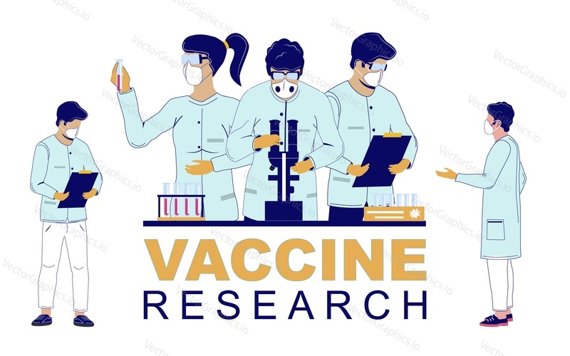 Vaccine research, flat vector illustration. Group of medical scientists in lab coats, face masks and glasses working in science laboratory developing vaccine against coronavirus disease Covid-19.