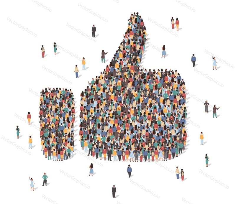 Like symbol made of many people, large crowd shape. Group of people stay in thumb up like sign formation. Social activity, collective action and public engagement. Vector isometric illustration.