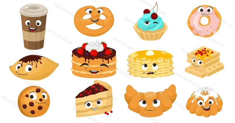 Cute and funny baking sweet dessert character set, flat vector illustration. Happy cartoon cake, muffin, donut, cookie, wafer, pretzel, croissant, pie with human faces. Pastry, confectionery, bakery.
