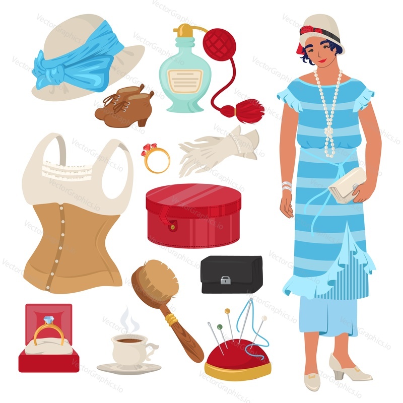 Victorian lady set, flat vector isolated illustration. English lady clothing and accessories. Corset, shoes, hat, perfume bottle, gloves, sewing kit, ring and box.