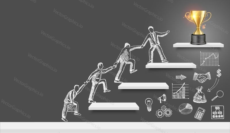 Business people team silhouettes climbing up stairs holding hands to trophy cup on the top, vector illustration. Teamwork success, leadership, business goal, career growth. Business and finance icons.
