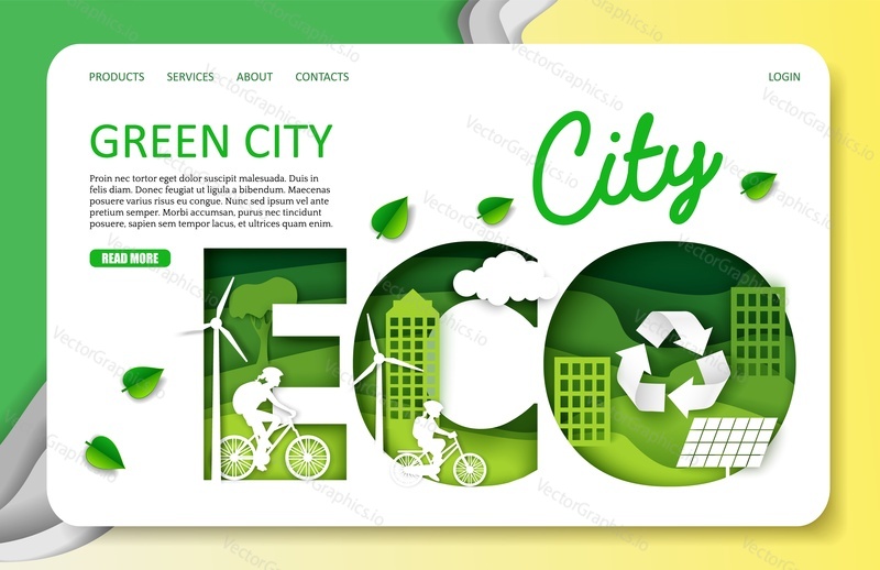 Green city vector website template, landing page design for website and mobile site development. Paper cut craft eco friendly city with green alternative energy, people riding bicycle transport.