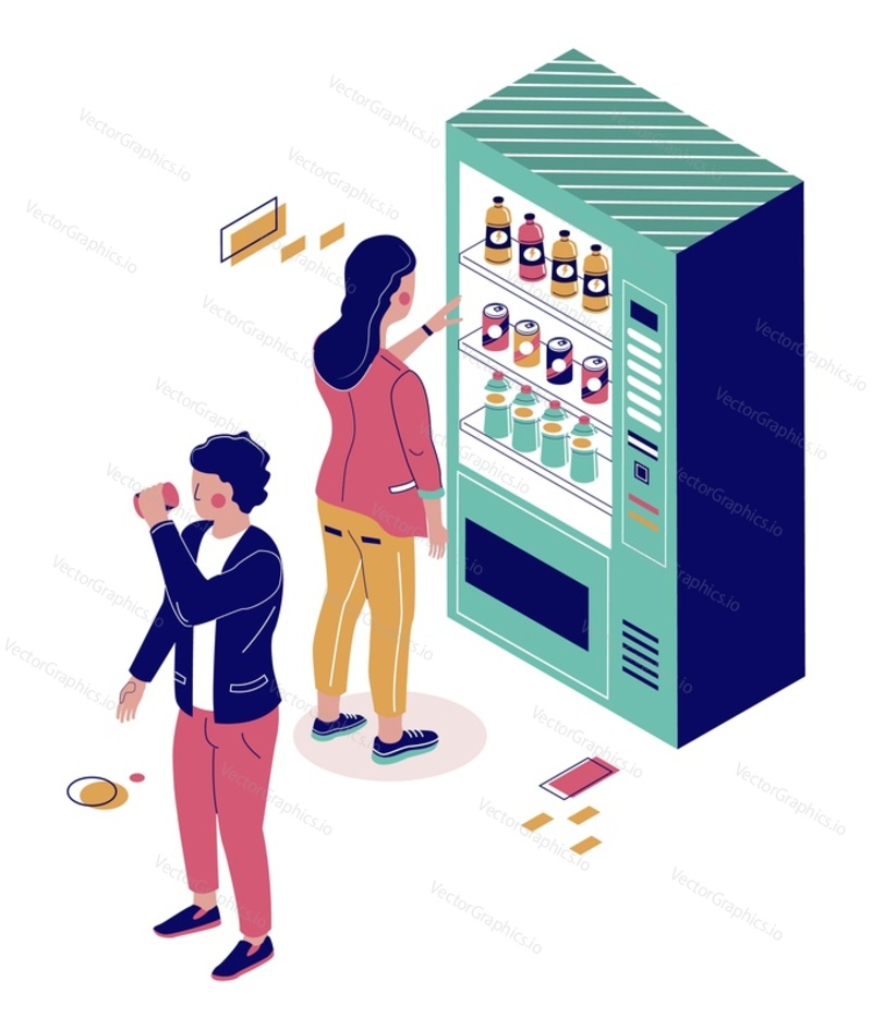 People male and female cartoon characters buying soda, cola, water from drink vending machine, flat vector isometric illustration. Beverage vending machine business.