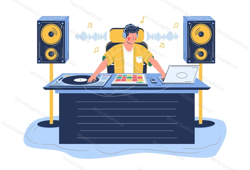 Sound designer creating sound effects, flat vector illustration. Film, tv production. Entertainment industry. Night club, dance disco party, dj playing music.