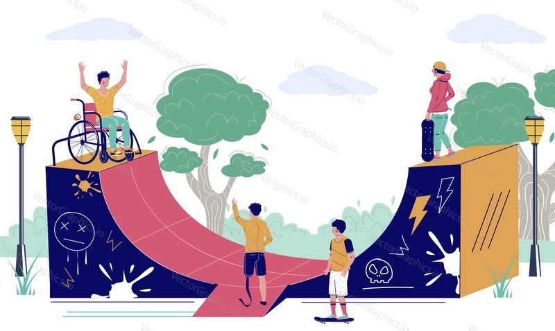 Happy young man using wheelchair in skatepark, flat vector illustration. Skateboarders riding skateboards. Believe in yourself, disabled person active lifestyle.