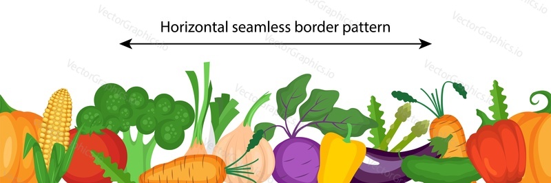 Vector seamless pattern with fresh vegetables. Kohlrabi, corn, onion, broccoli, carrot tomato cucumber pumpkin pepper garlic eggplant. Healthy vegan food. Horizontal seamless border pattern.