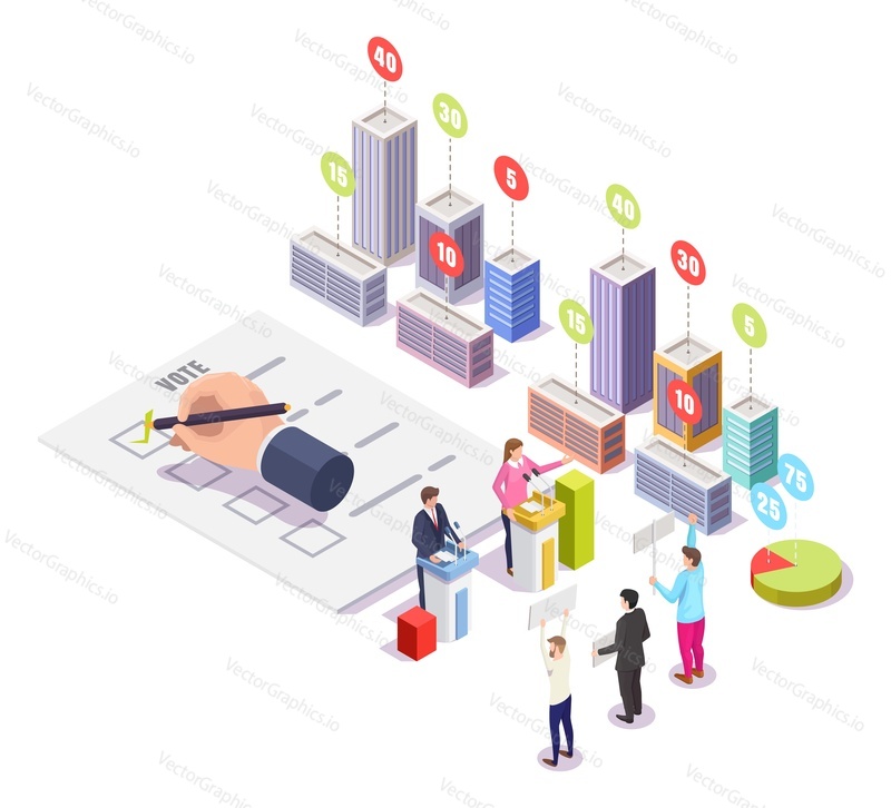 Election campaign, polling day, vector isometric illustration. Two political candidates speech behind the rostrum, voters activists meeting, hand making choice, candidate rating electorate statistics.