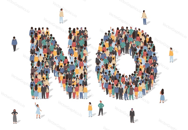 Word No made of many people, large crowd shape. Group of people stay in No sign formation. Social activity, collective action and public engagement. Vector illustration in isometric style.