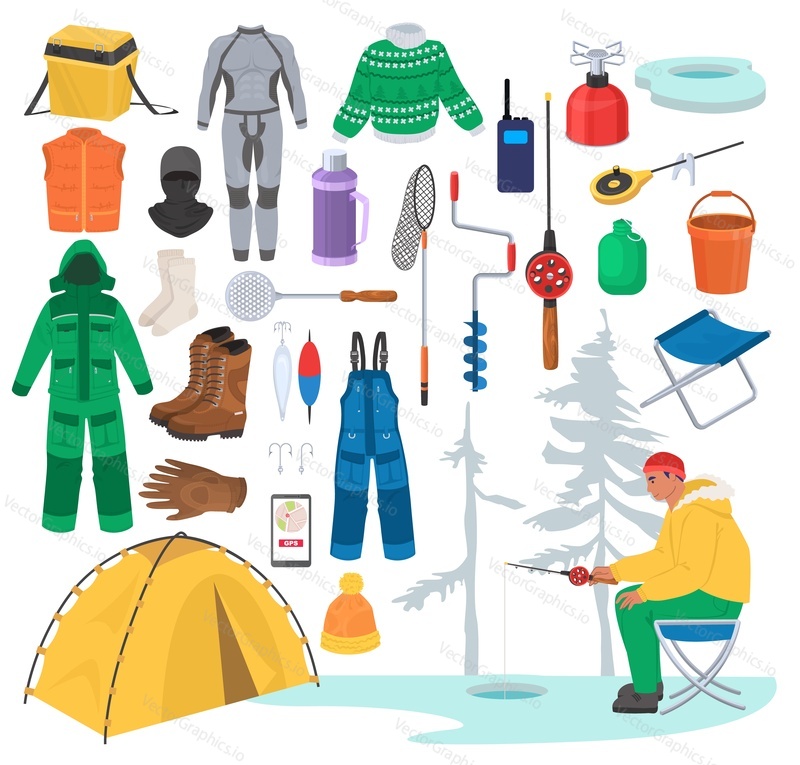 Ice fishing gear. Equipment for winter fishing, flat vector isolated illustration. Warm clothes, boots, gloves. Fisherman tackle and accessories. Winter outdoor sport activity, hobby.