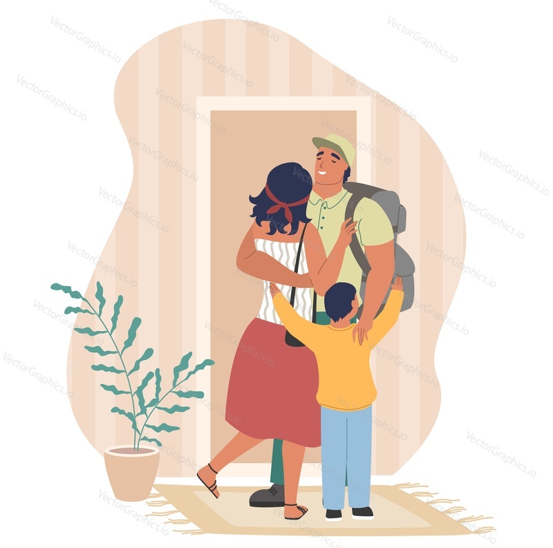 Happy husband and father hugging his wife and son, flat vector illustration. Soldier, serviceman coming back home. Family relationship. Home interior. Homecoming.