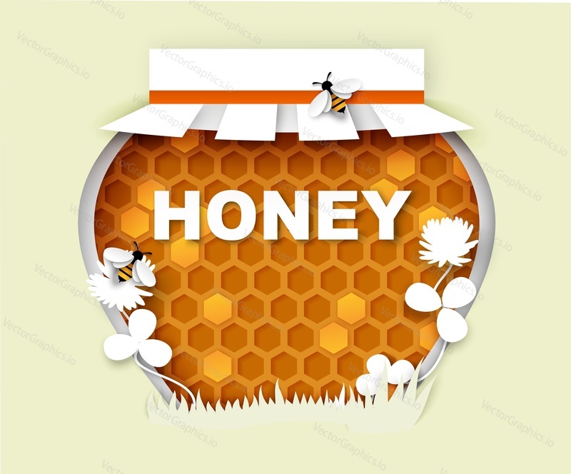 Natural floral honey jar, vector illustration in paper art style. Clover honey frame. Beekeeping, organic sweet product logo, label.