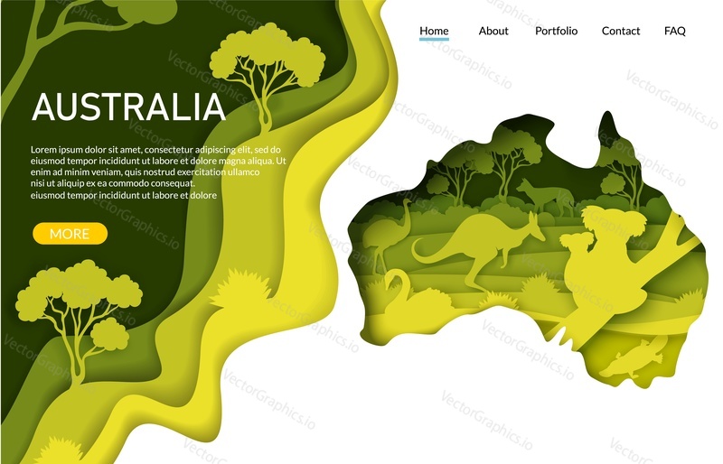 Australia vector website template, landing page design for website and mobile site development. Paper cut craft style Australia map kangaroo, koala bears inside. Travel to Australia.