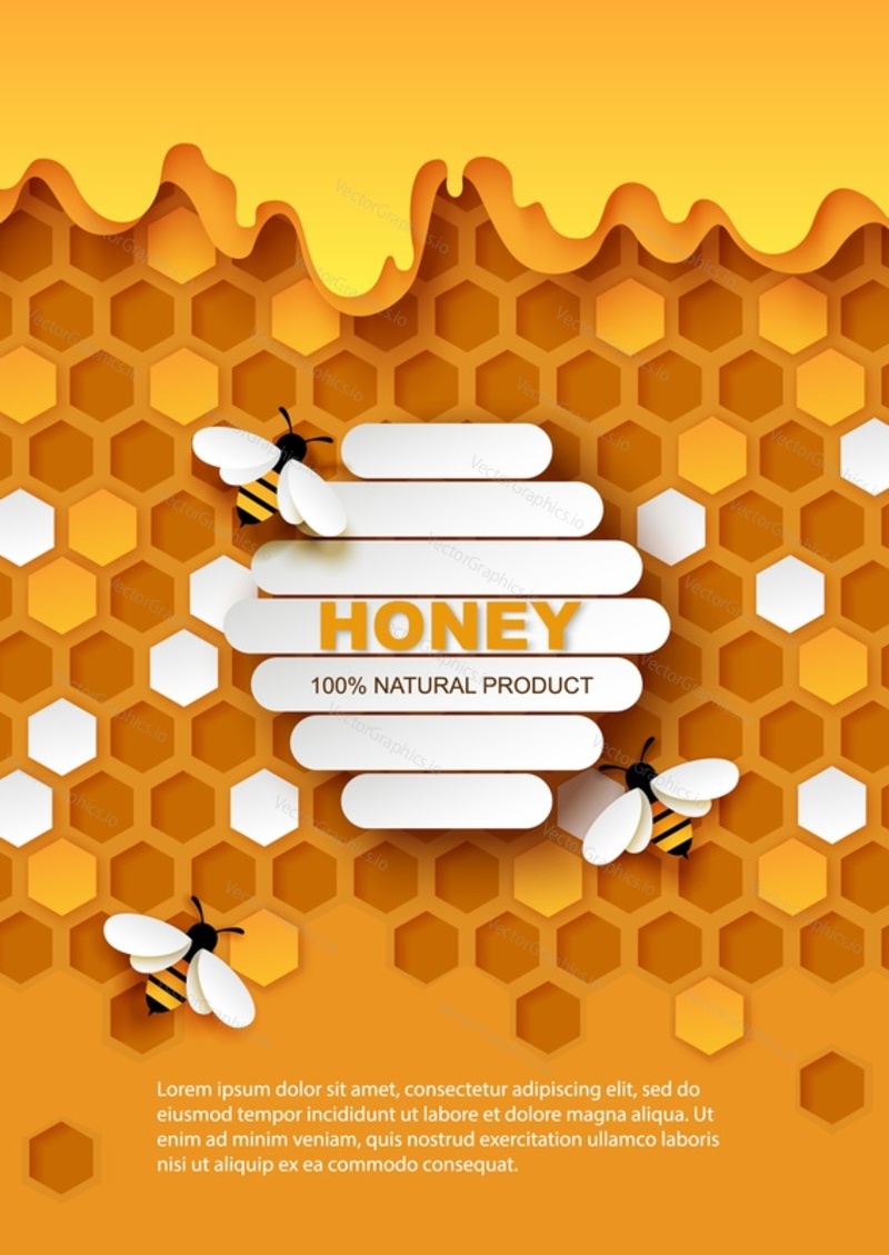 Honey vector poster template. Paper cut craft style honeycombs with flowing sweet organic honey and honeybees. Healthy natural product ad.