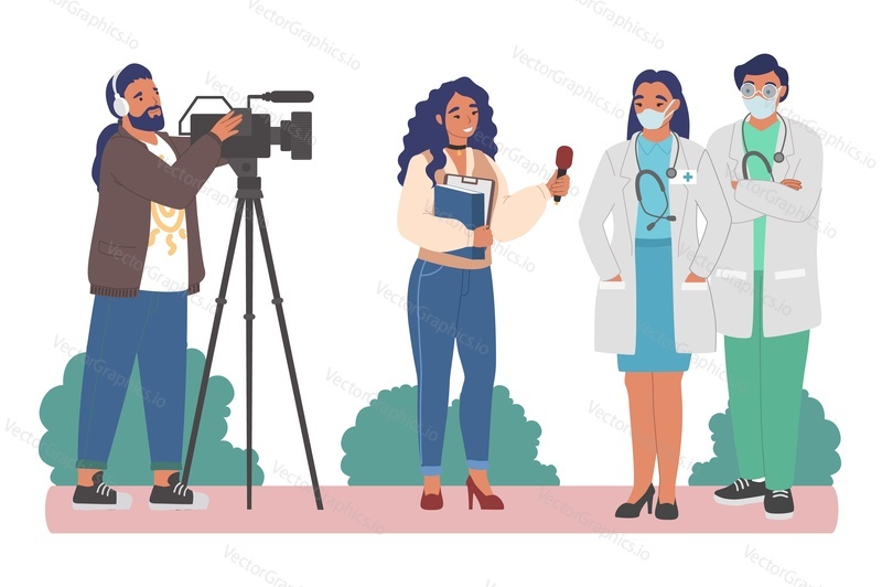 Female journalist, news reporter with microphone and cameraman interviewing doctors, flat vector illustration. Live reportage. Correspondent doing interview with medical professionals in face masks.