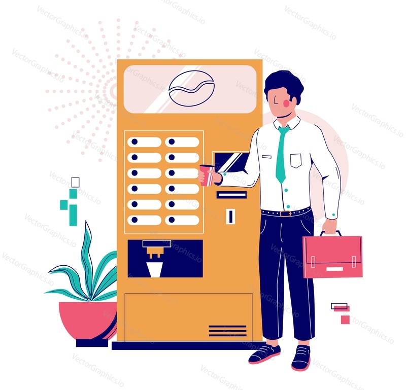 Бизнесмен с чашкой кофе, стоящий рядом с автоматом по продаже кофе, плоская векторная иллюстрация. Бизнес и обслуживание торговых автоматов.