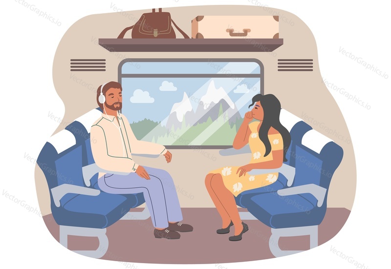 Passengers traveling by train, flat vector illustration. Tourists, happy male, female cartoon characters sitting in comfortable seats inside train. Public transport. Railroad travel, railway journey.