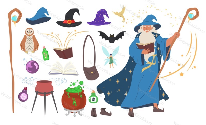 Волшебник, набор фокусников, плоская векторная иллюстрация. Старый бородатый мужчина в синей мантии волшебника, шляпе, с волшебным посохом, книгой заклинаний. Чернокнижник, колдун, инструменты ведьмы котел, зелье, обувь. Тайна фэнтези колдовство