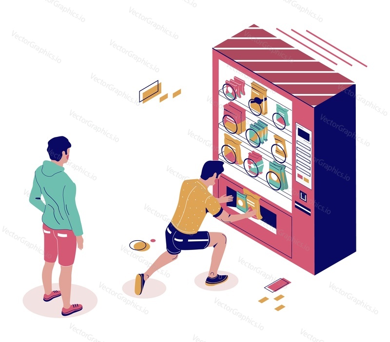 Male cartoon characters buying snacks from vending machine, flat vector isometric illustration. Snack food automatic machine with chocolate bars, nuts, chips, candies, crackers, cookies, cakes, crisps