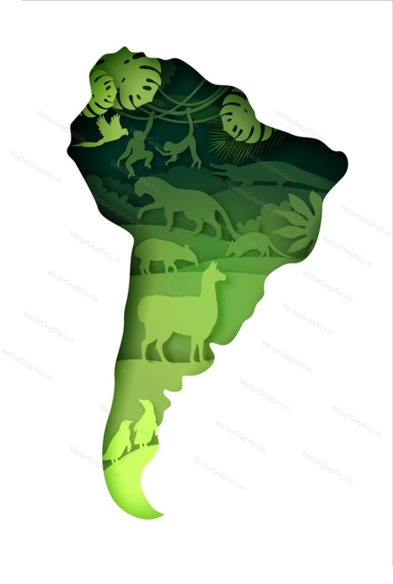 Wildlife of South America, world continent. Vector illustration in paper art style. Mainland South America map with nature and llama, tapir, jaguar, cingulata, monkey, penguin wild animals silhouettes