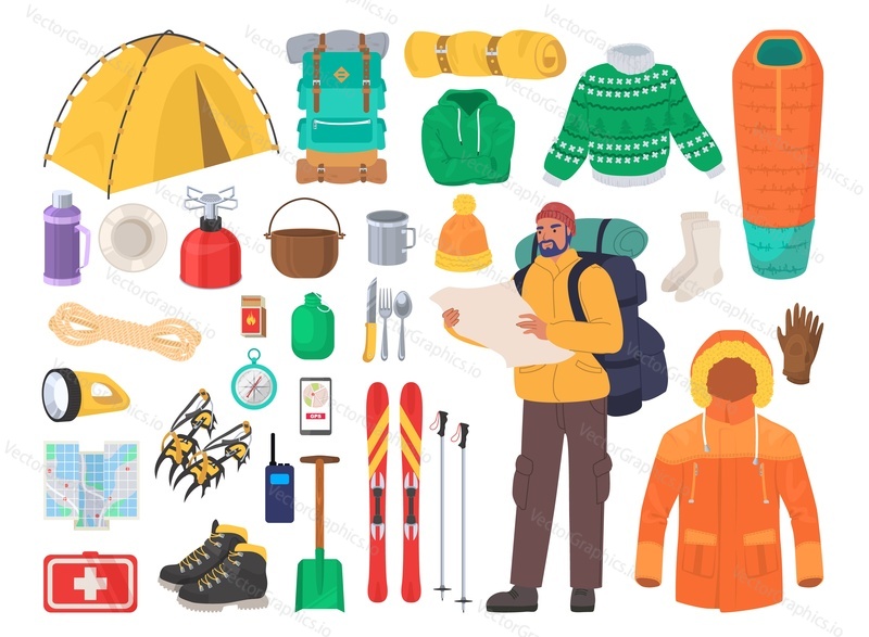 Winter hiking gear, flat vector isolated illustration. Mountain travel, climbing and winter trekking equipment. Warm clothes, backpack, compass, camping tent, ski, sleeping bag, map, hiking boots etc.